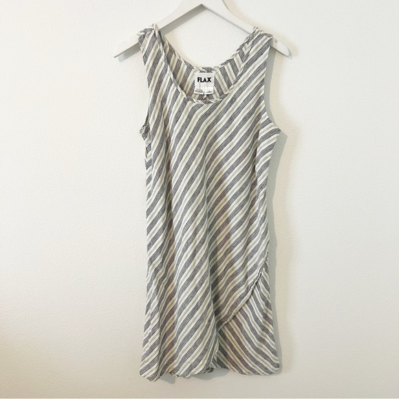 Flax Striped Linen Sleeveless Pullover Faux Wrap Dress Size Medium M - Picture 1 of 4